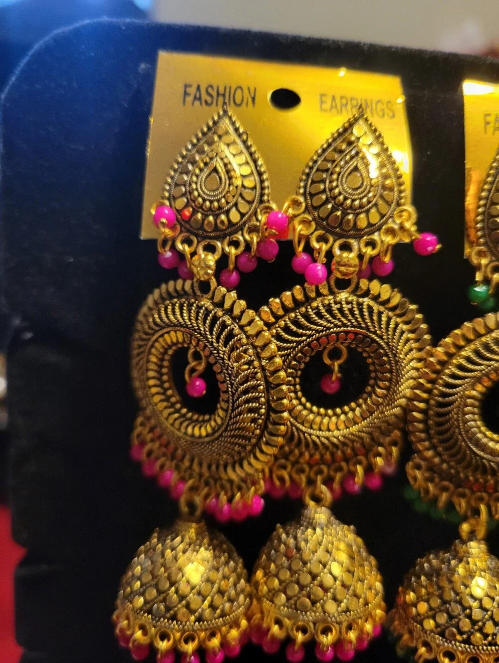 Gold-Tone Pink Beaded Chandbali Earrings